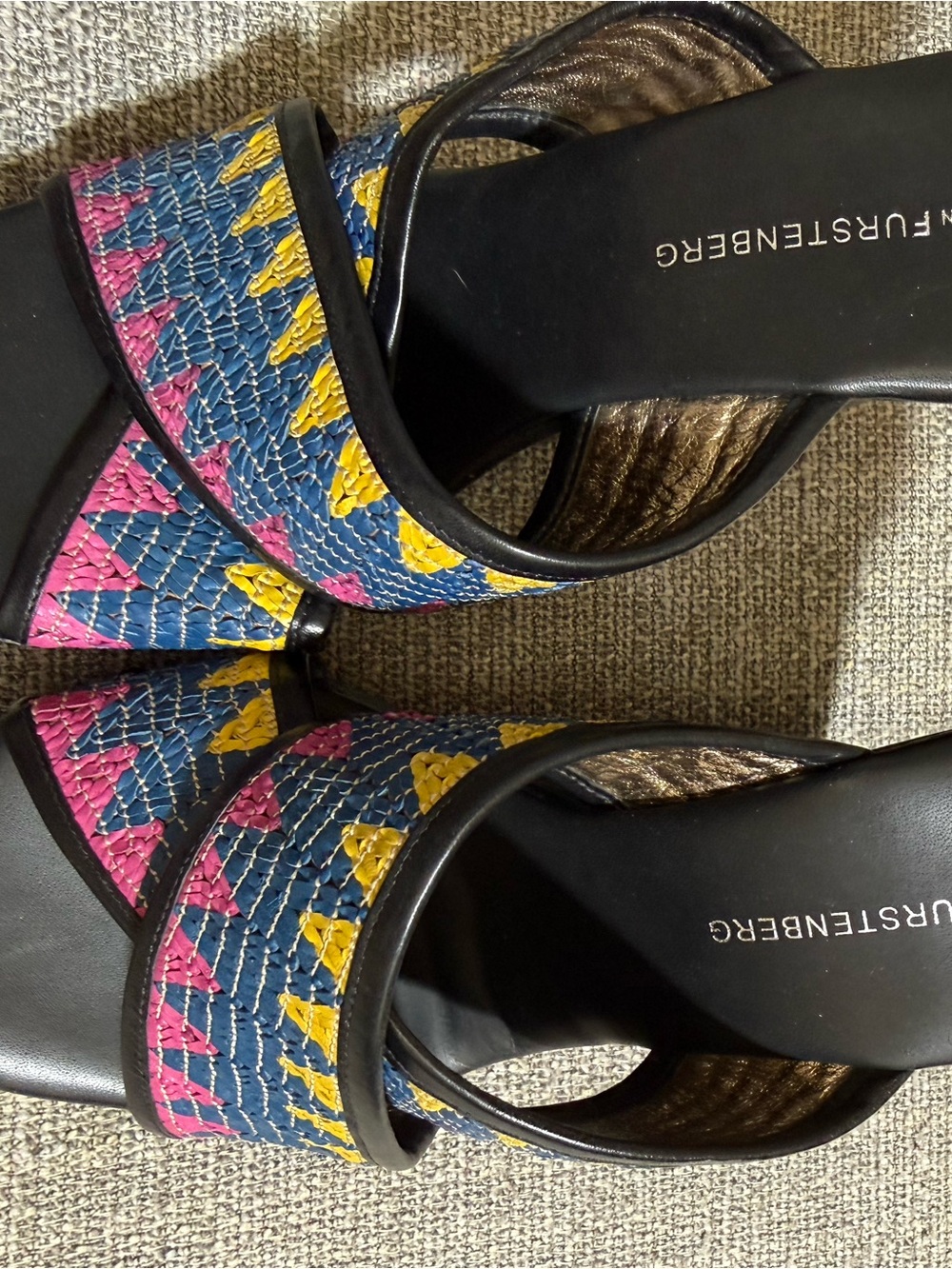 Diane Von Furstenberg Blue Pink Yellow Woven Slide Mules